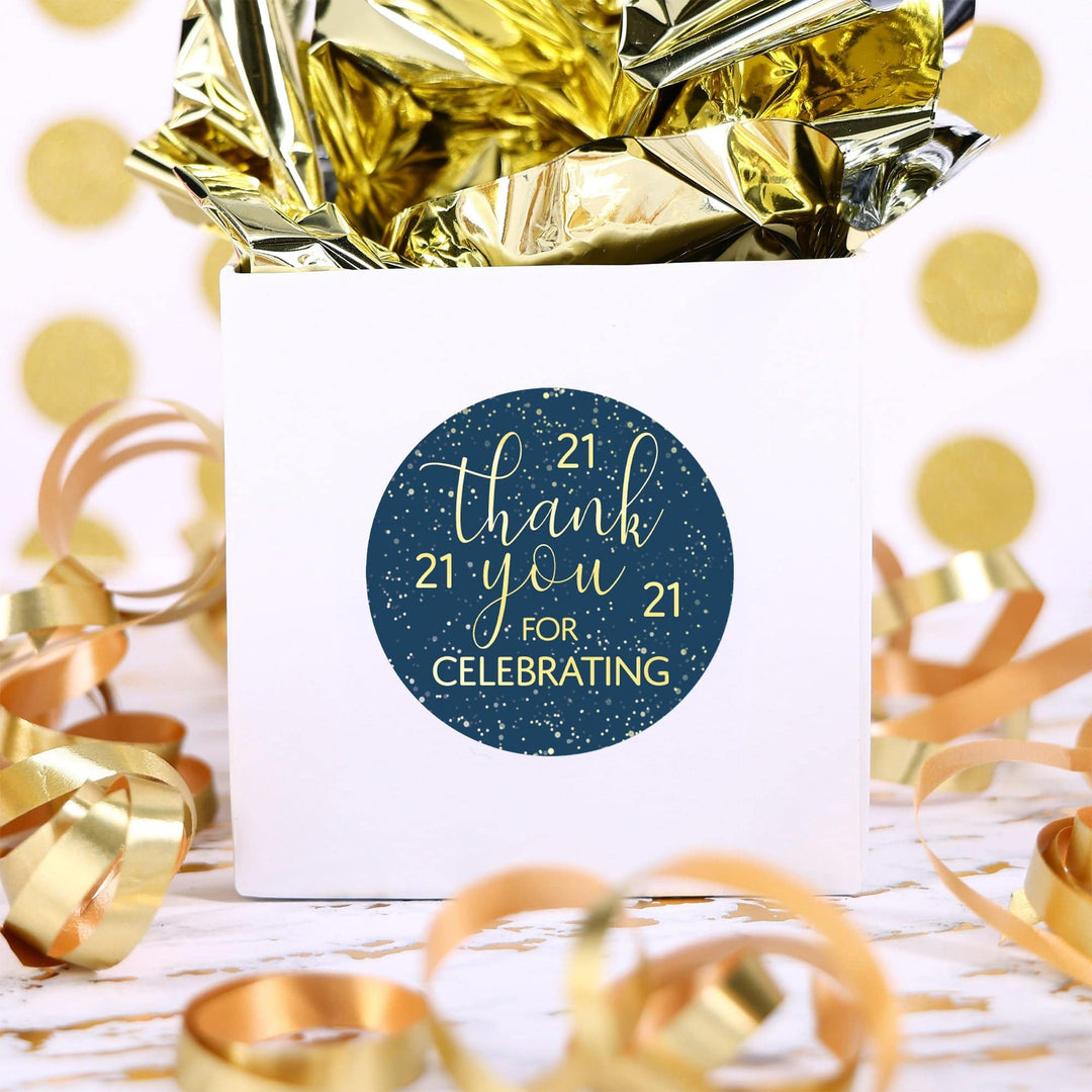 21st Birthday: Navy Blue & Gold - Adult Birthday -Thank You Stickers - 40 Stickers - Distinctivs Party