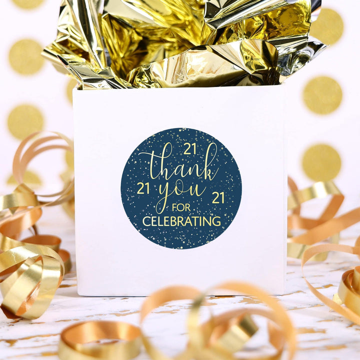 21st Birthday: Navy Blue & Gold - Adult Birthday -Thank You Stickers - 40 Stickers - Distinctivs Party