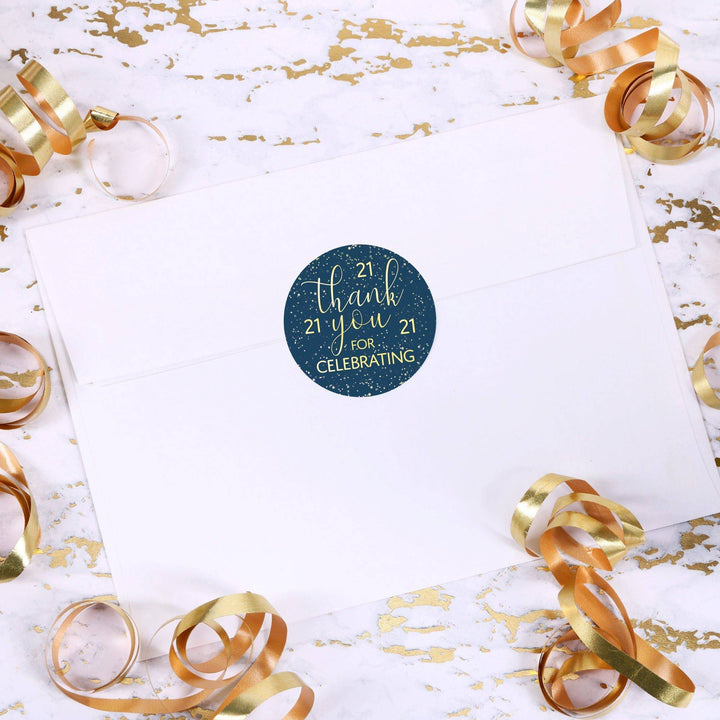 21st Birthday: Navy Blue & Gold - Adult Birthday -Thank You Stickers - 40 Stickers - Distinctivs Party
