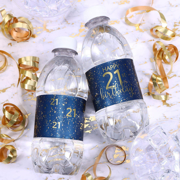 21st Birthday: Navy Blue & Gold - Adult Birthday - Water Bottle Labels -24 Waterproof Stickers - Distinctivs Party