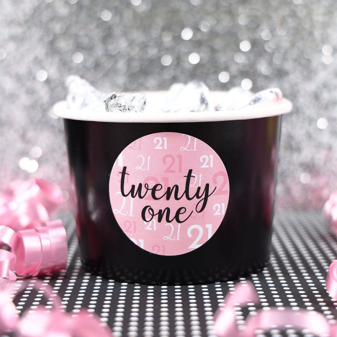 21st Birthday: Pink and Black - Adult Birthday - Round Favor Stickers - 40 Stickers - Distinctivs Party