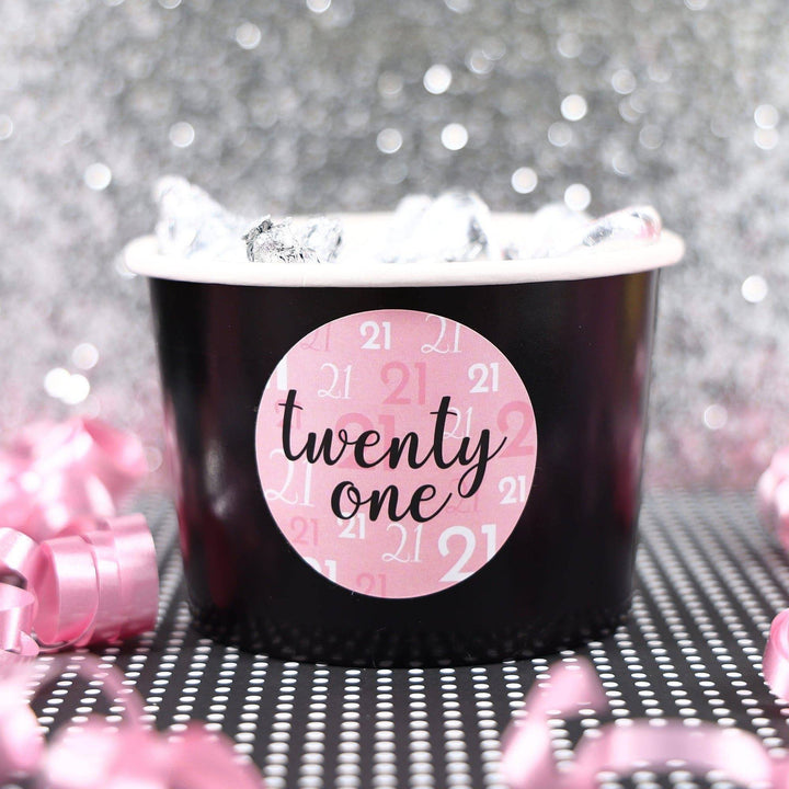 21st Birthday: Pink and Black - Adult Birthday - Round Favor Stickers - 40 Stickers - Distinctivs Party