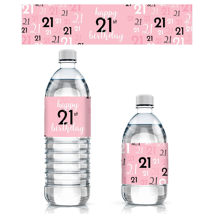 21st Birthday: Pink and Black - Adult Birthday - Water Bottle Label Stickers - 24 Waterproof Stickers - Distinctivs Party