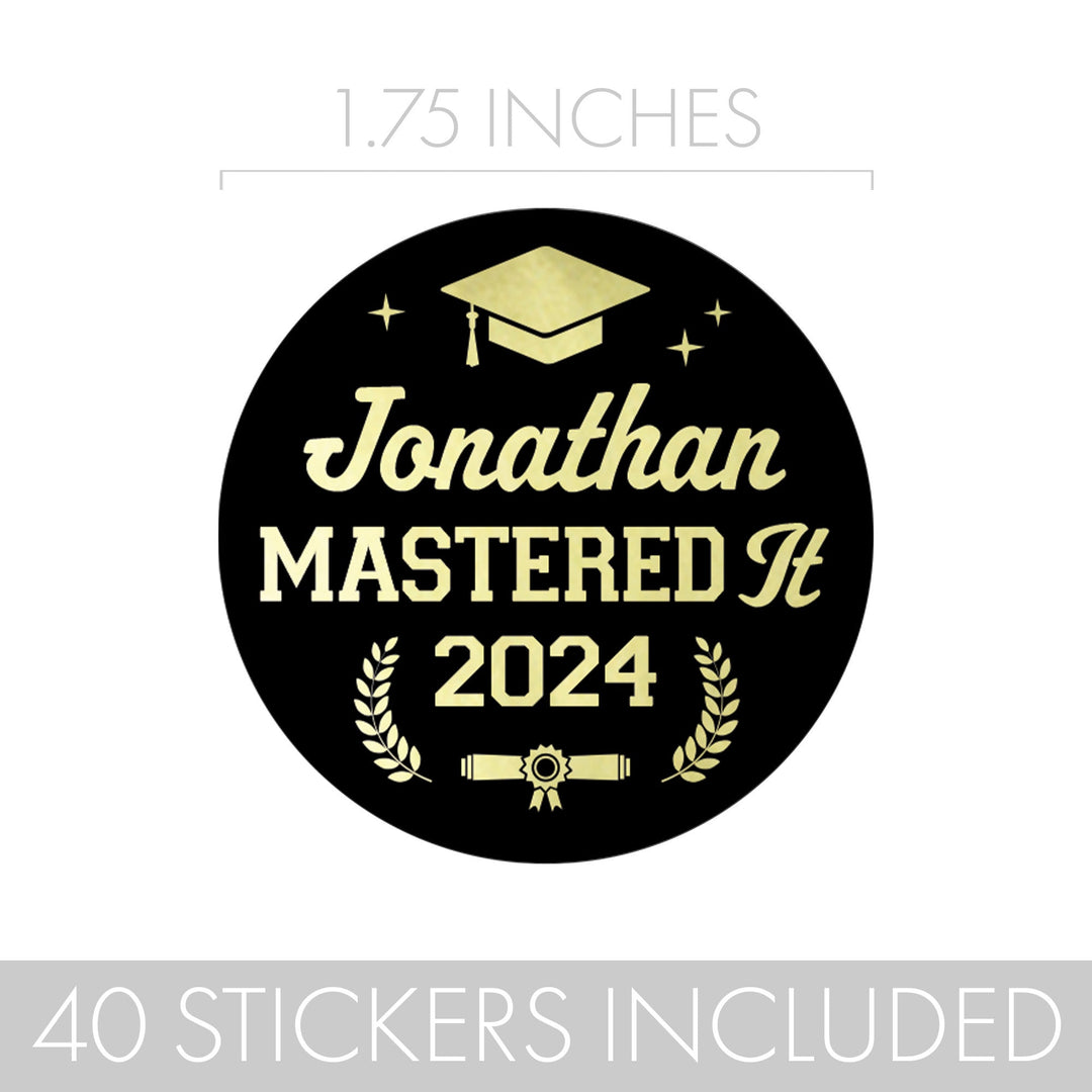 Personalized Master's Degree Graduation: Black and Gold - Custom Name & Year Favor Stickers - 40 Stickers