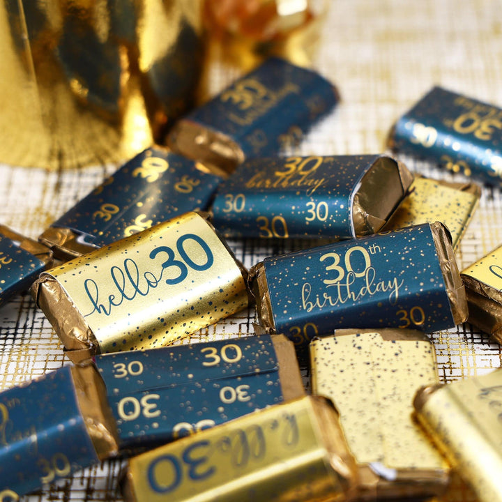 30th Birthday: Navy Blue & Gold - Adult Birthday - Hershey's® Miniatures Candy Bar Wrappers Stickers - 45 Stickers - Distinctivs Party