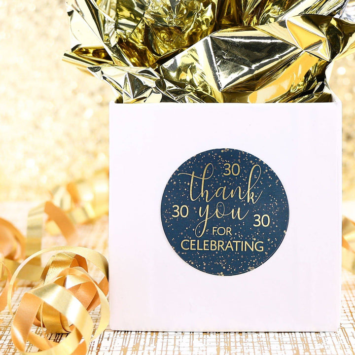 30th Birthday: Navy Blue & Gold - Adult Birthday - Thank You Stickers - 40 Stickers - Distinctivs Party