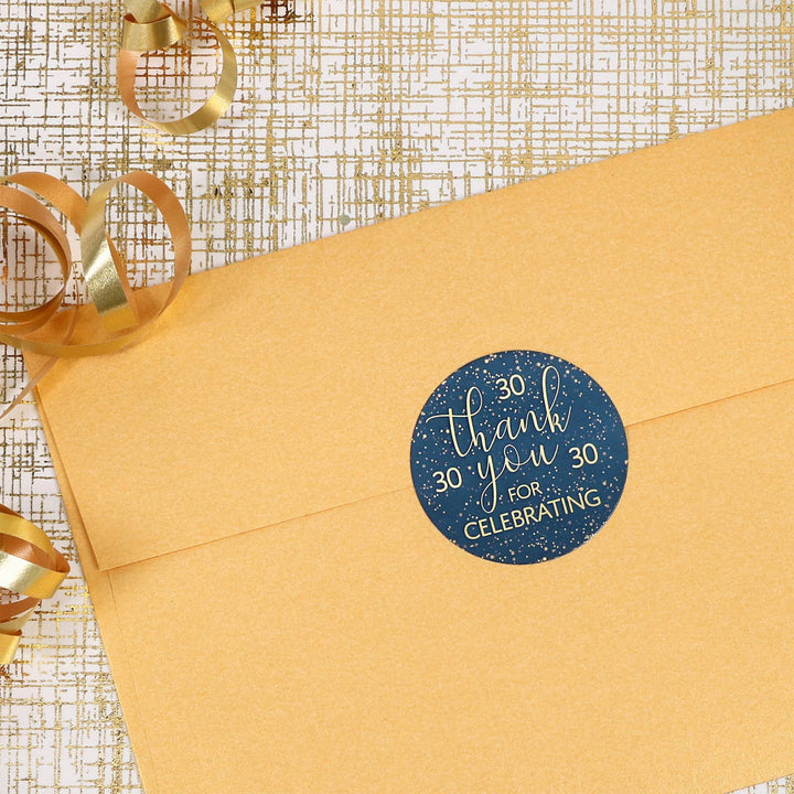 30th Birthday: Navy Blue & Gold - Adult Birthday - Thank You Stickers - 40 Stickers - Distinctivs Party
