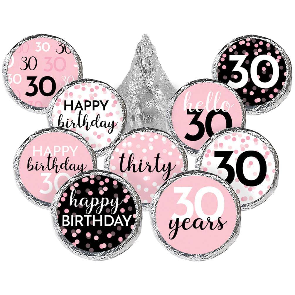 30th Birthday: Pink and Black - Adult Birthday - Hershey's® Kisses Candy Stickers - 180 Stickers - Distinctivs Party