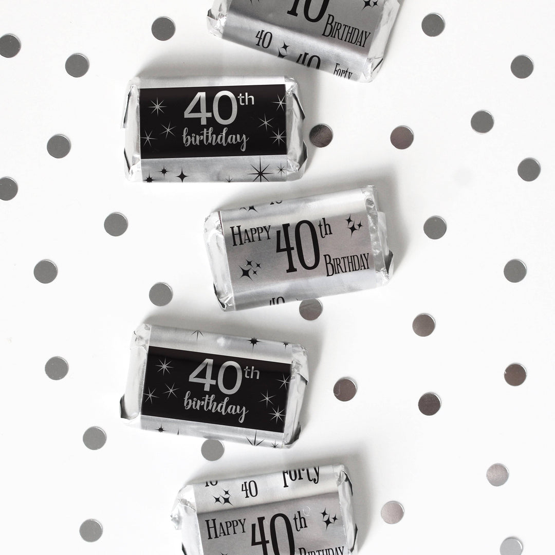 40th Birthday: Black and Silver - Adult Birthday - Hershey's Miniatures Candy Bar Wrappers Stickers - 45 Stickers - Distinctivs Party