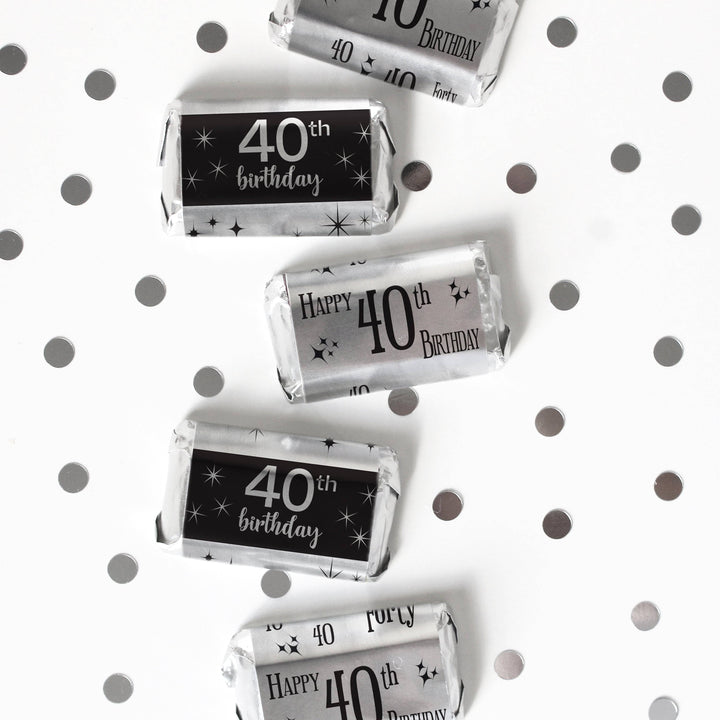 40th Birthday: Black and Silver - Adult Birthday - Hershey's Miniatures Candy Bar Wrappers Stickers - 45 Stickers - Distinctivs Party