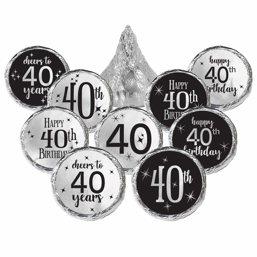 40th Birthday: Black and Silver - Adult Birthday -  Party Favor Stickers - Fits on Hershey's Kisses - 180 Stickers - Distinctivs Party