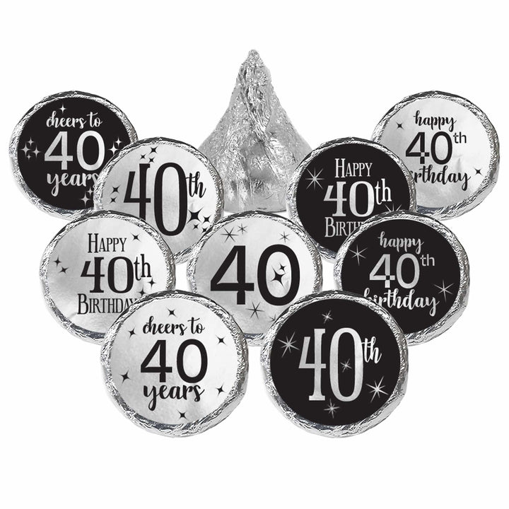 40th Birthday: Black and Silver - Adult Birthday -  Party Favor Stickers - Fits on Hershey's Kisses - 180 Stickers - Distinctivs Party