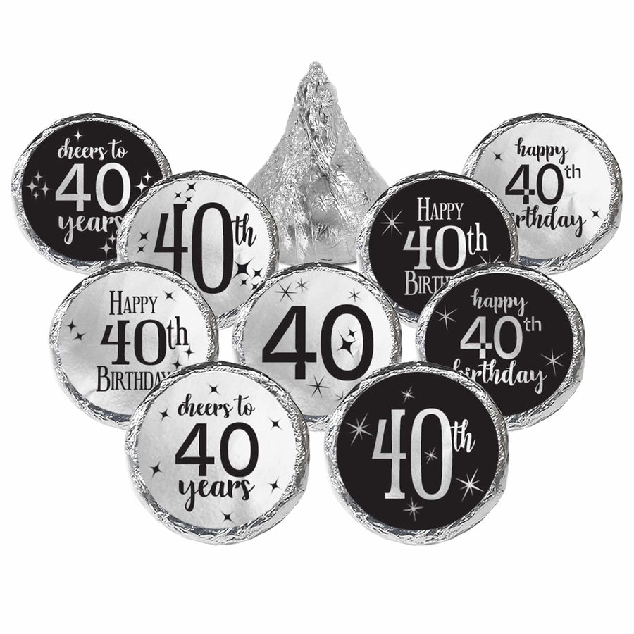 40th Birthday: Black and Silver - Adult Birthday -  Party Favor Stickers - Fits on Hershey's Kisses - 180 Stickers - Distinctivs Party