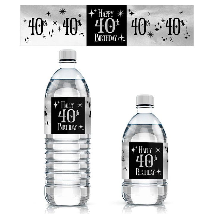 40th Birthday: Black and Silver - Adult Birthday - Water Bottle Label Stickers - 24 Waterproof Stickers - Distinctivs Party
