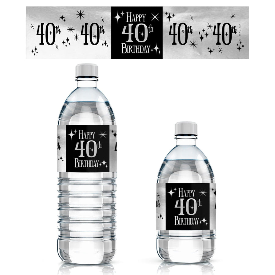 40th Birthday: Black and Silver - Adult Birthday - Water Bottle Label Stickers - 24 Waterproof Stickers - Distinctivs Party
