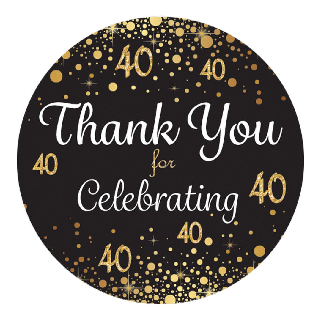 40th Birthday: Black & Gold - Adult Birthday -  Thank You Stickers - 40 Stickers - Distinctivs Party