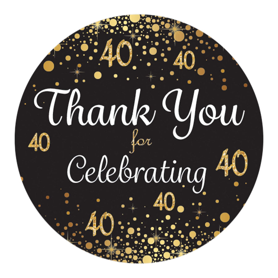 40th Birthday: Black & Gold - Adult Birthday -  Thank You Stickers - 40 Stickers - Distinctivs Party