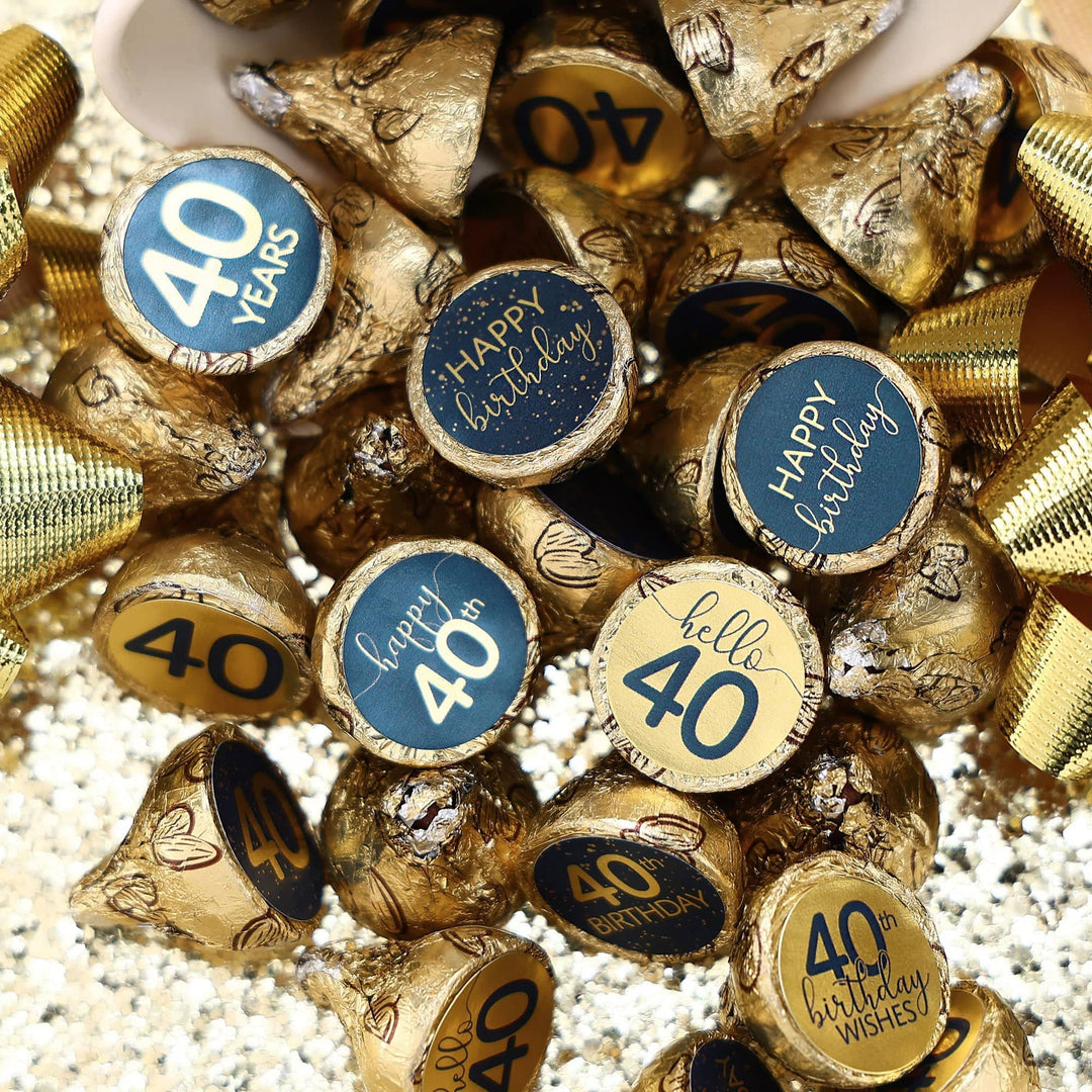 40th Birthday: Navy Blue & Gold - Adult Birthday - Stickers - Fits Hershey's Kisses Candy - Distinctivs Party