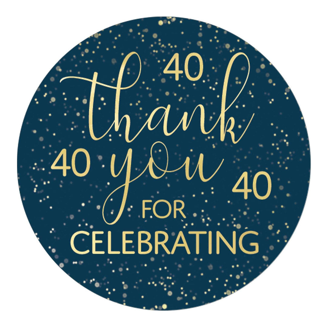 40th Birthday: Navy Blue & Gold - Adult Birthday -  Thank You Stickers - Distinctivs Party