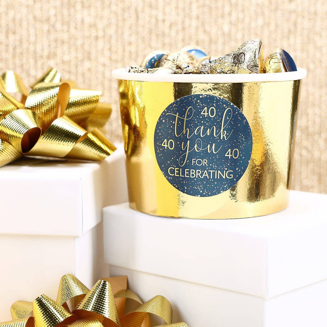 40th Birthday: Navy Blue & Gold - Adult Birthday -  Thank You Stickers - Distinctivs Party