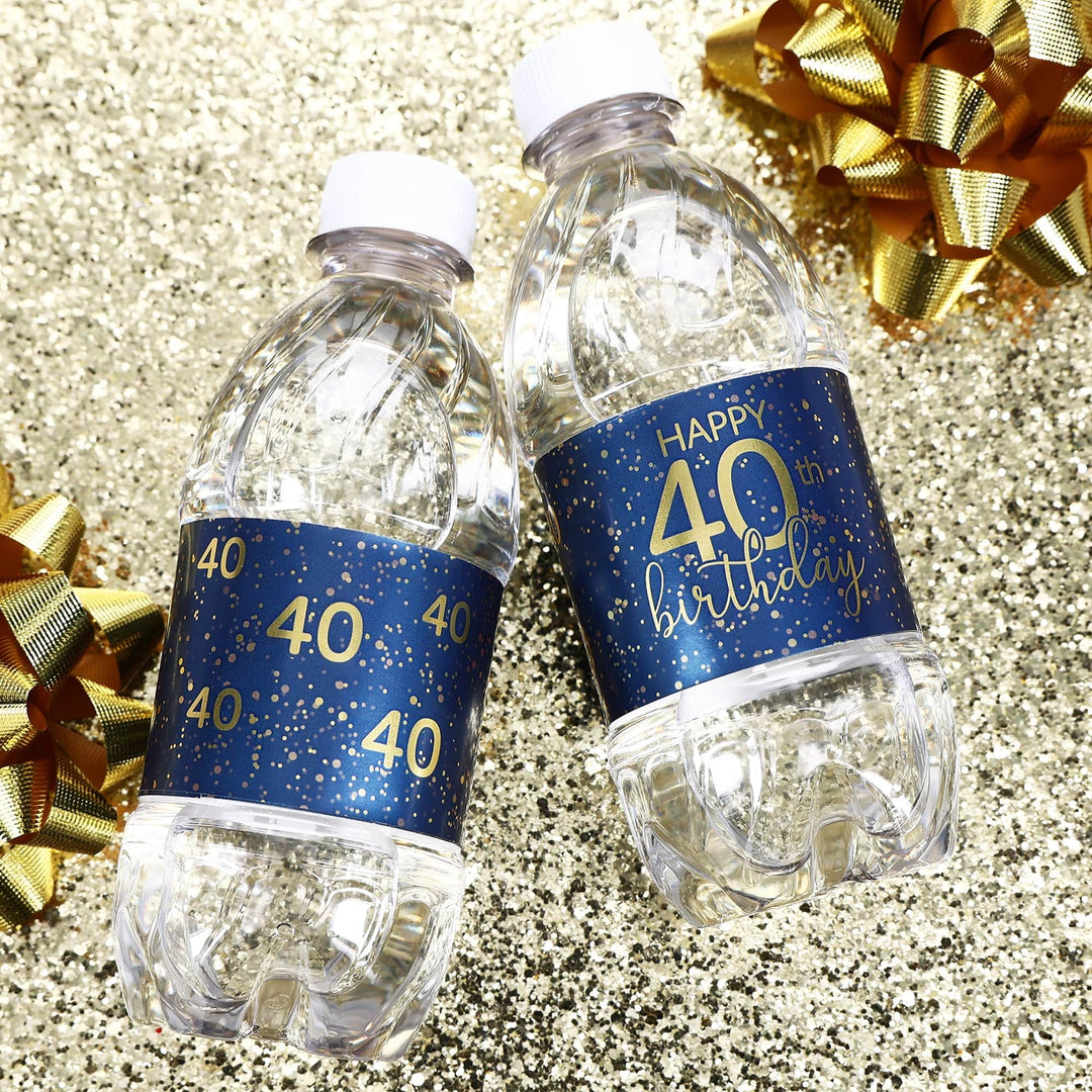 40th Birthday: Navy Blue & Gold - Adult Birthday -  Water Bottle Labels - Distinctivs Party