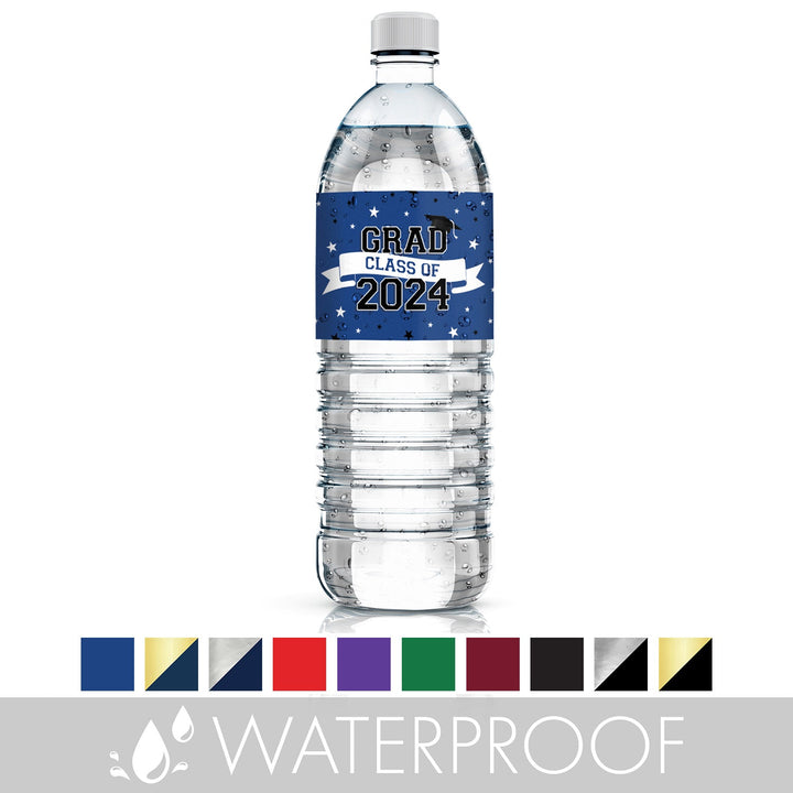 Graduation Class of 2024: Graduation Party Favors - Water Bottle Labels  - 10 School Colors - 24 Waterproof Stickers