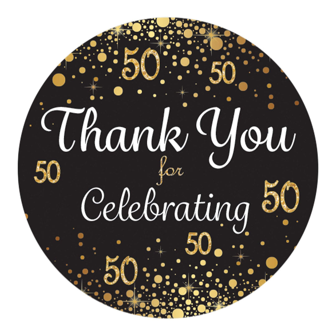 50th Birthday: Black & Gold - Adult Birthday -  Thank You Stickers - 40 Stickers - Distinctivs Party