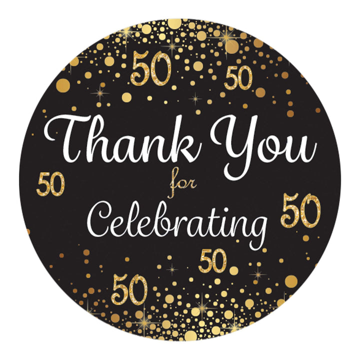 50th Birthday: Black & Gold - Adult Birthday -  Thank You Stickers - 40 Stickers - Distinctivs Party