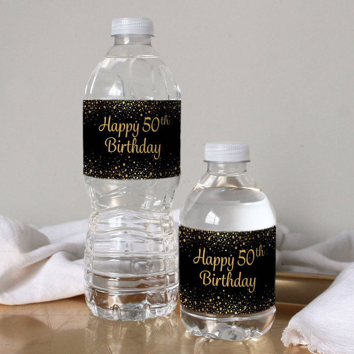 50th Birthday: Black & Gold - Water Bottle Labels - 24 Stickers - Distinctivs Party