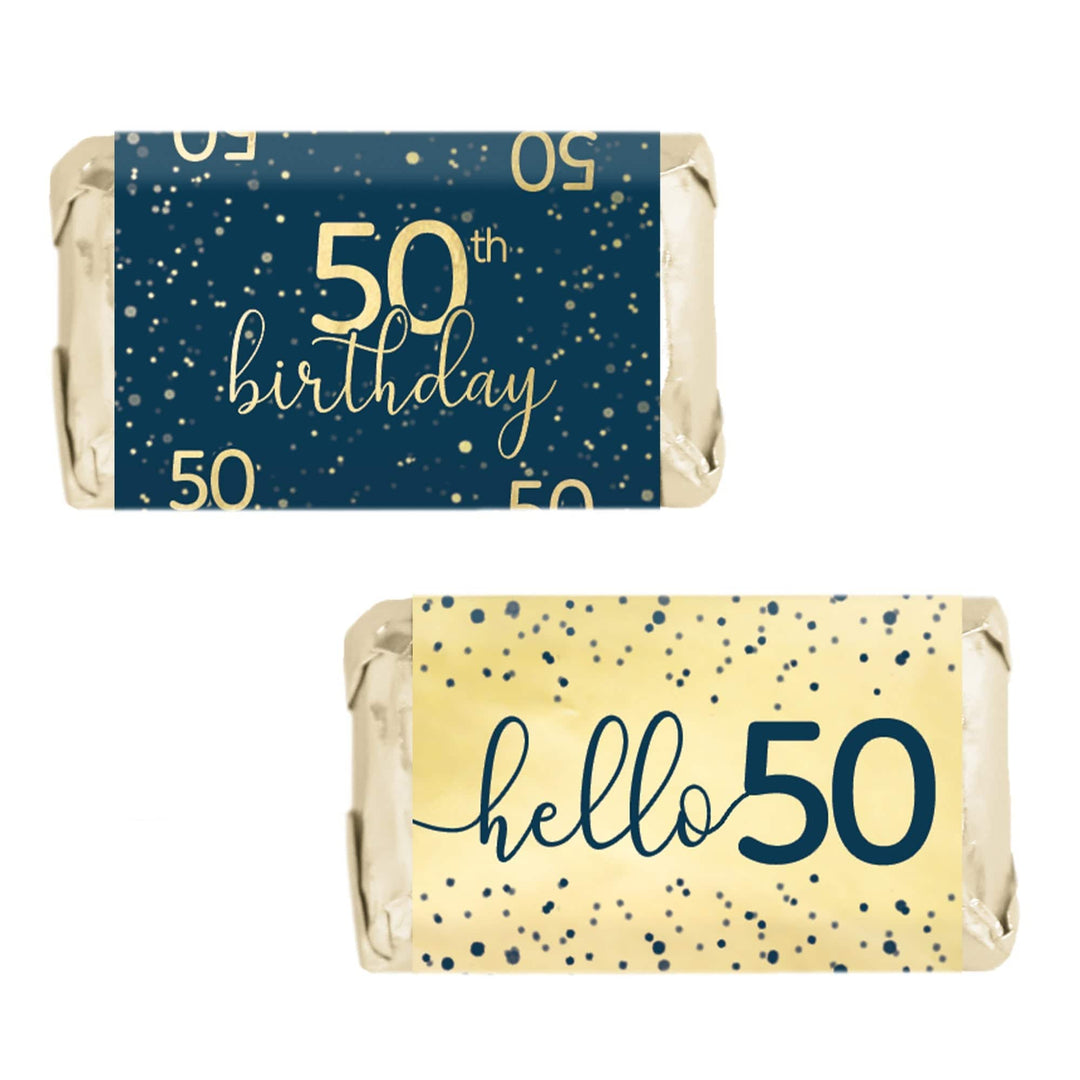 50th Birthday: Navy Blue & Gold - Adult Birthday - Hershey's® Miniatures Candy Bar Wrappers Stickers - Distinctivs Party