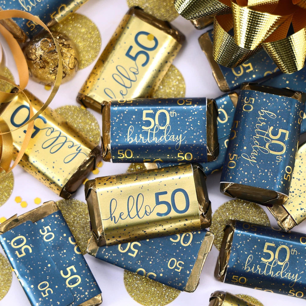 50th Birthday: Navy Blue & Gold - Adult Birthday - Hershey's® Miniatures Candy Bar Wrappers Stickers - Distinctivs Party