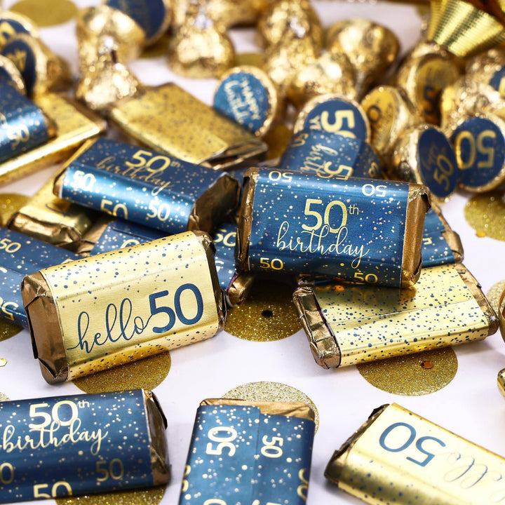 50th Birthday: Navy Blue & Gold - Adult Birthday - Hershey's® Miniatures Candy Bar Wrappers Stickers - Distinctivs Party