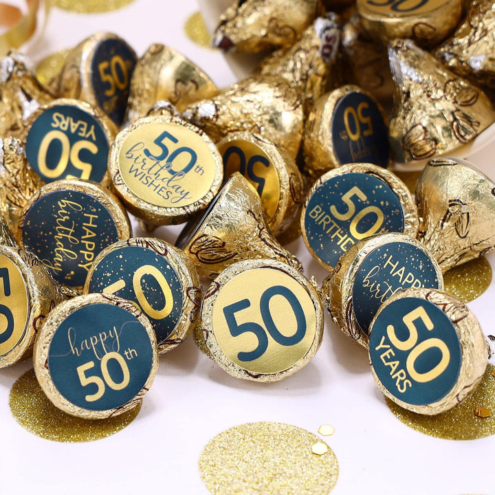 50th Birthday: Navy Blue & Gold - Adult Birthday - Stickers - Fits Hershey's Kisses Candy - Distinctivs Party