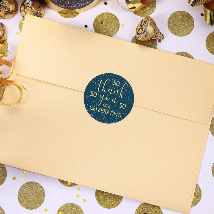 50th Birthday: Navy Blue & Gold - Adult Birthday - Thank You Stickers - Distinctivs Party