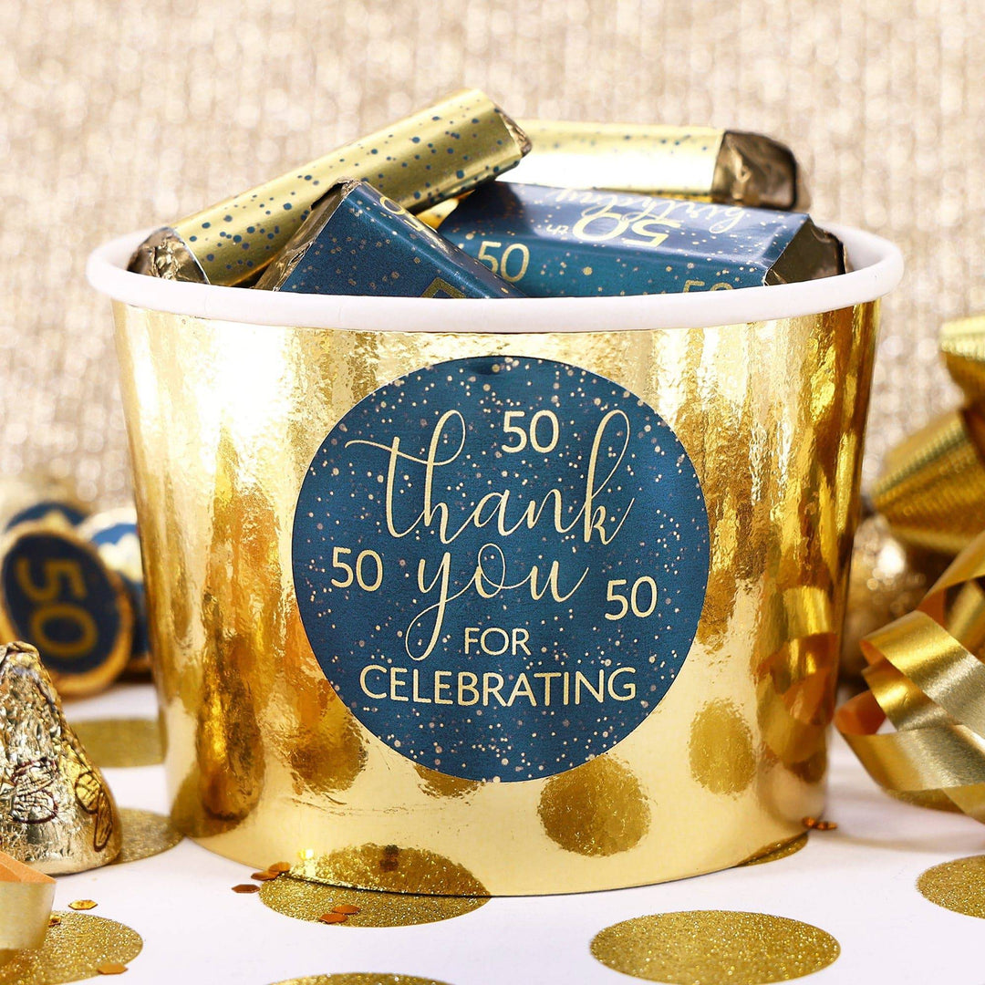 50th Birthday: Navy Blue & Gold - Adult Birthday - Thank You Stickers - Distinctivs Party