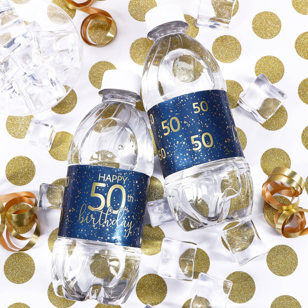 50th Birthday: Navy Blue & Gold - Adult Birthday - Water Bottle Labels - Distinctivs Party