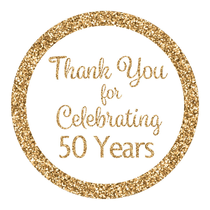 50th Birthday: White and Gold - Adult Birthday -  Thank You Round Favor Stickers - 40 Stickers - Distinctivs Party