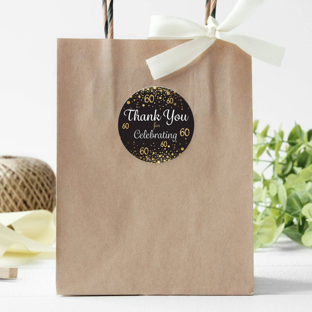 60th Birthday: Black & Gold - Adult Birthday - Thank You Stickers - 40 Stickers - Distinctivs Party