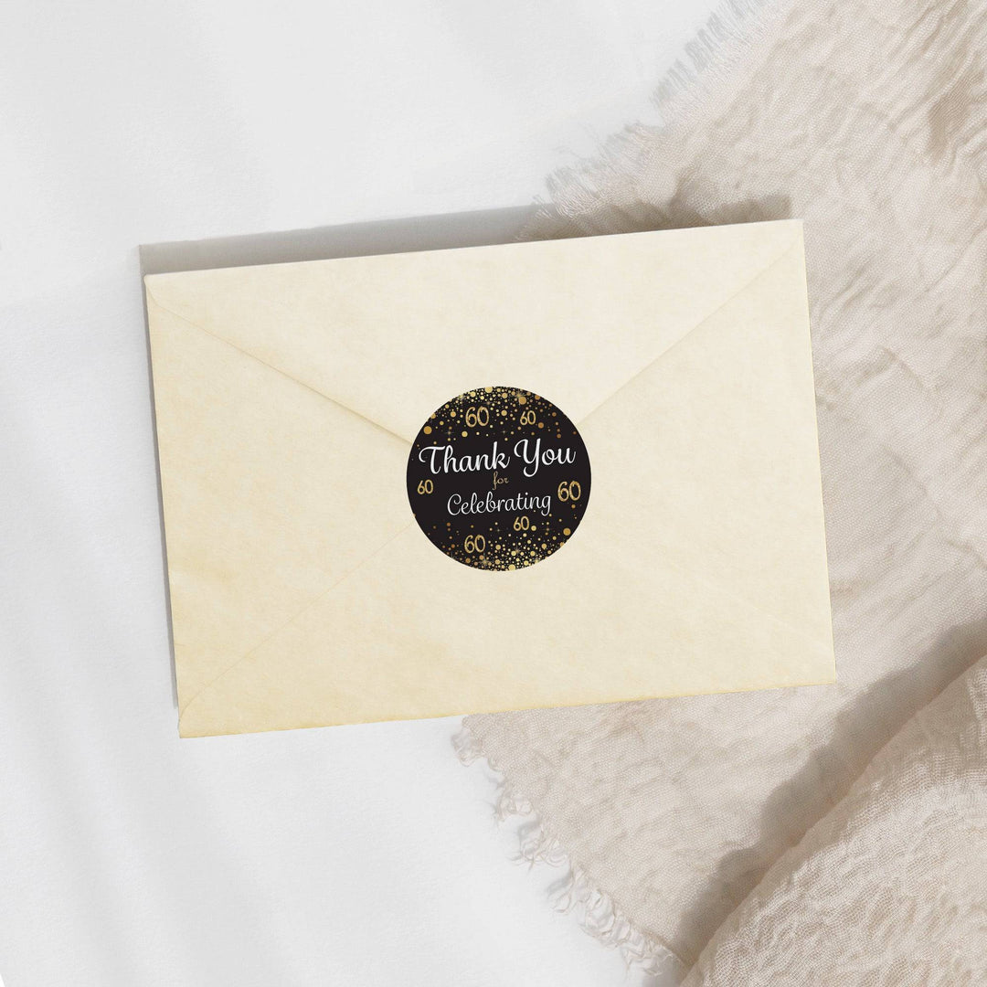 60th Birthday: Black & Gold - Adult Birthday - Thank You Stickers - 40 Stickers - Distinctivs Party