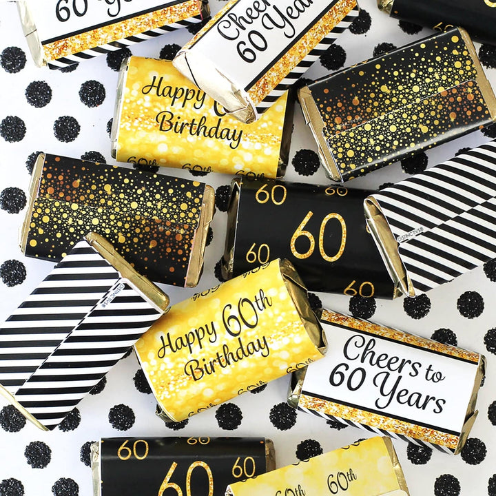 60th Birthday: Black & Gold - Hershey's Miniatures Candy Bar Wrappers Stickers - 45 Stickers - Distinctivs Party