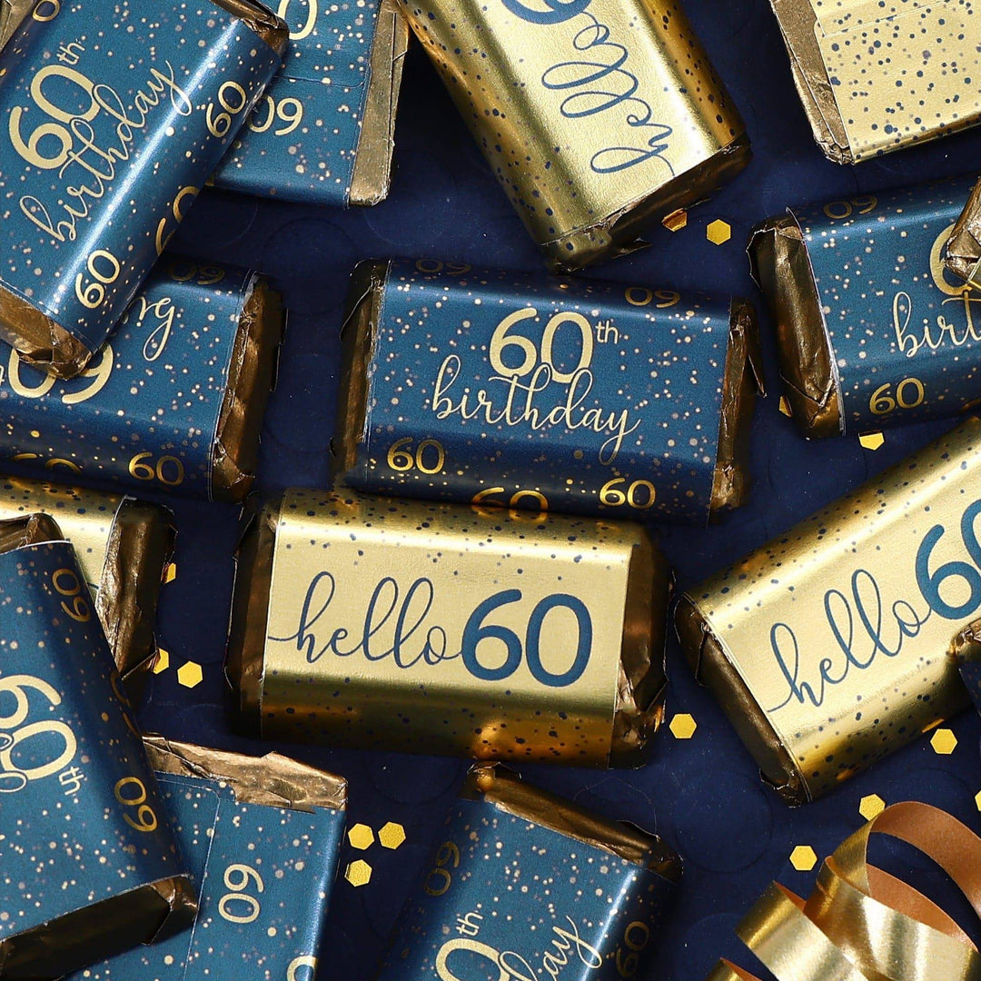 60th Birthday: Navy Blue & Gold - Adult Birthday - Hershey's® Miniatures Candy Bar Wrappers Stickers - Distinctivs Party