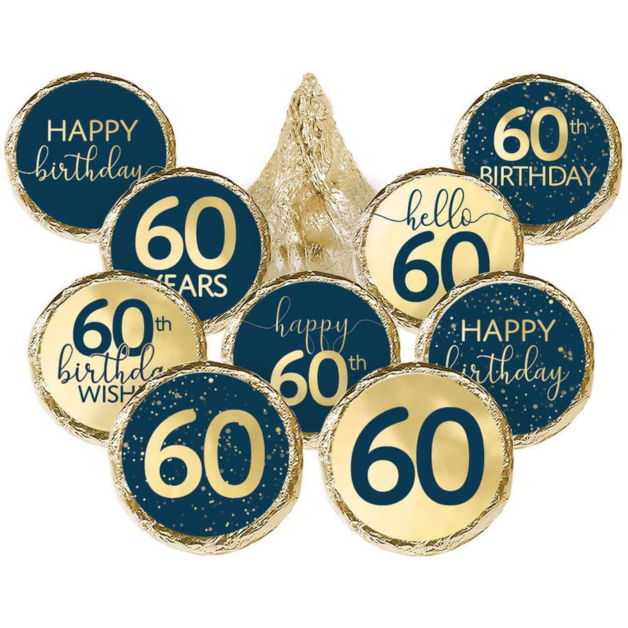 60th Birthday: Navy Blue & Gold - Adult Birthday -  Stickers - Fits Hershey's Kisses Candy - Distinctivs Party