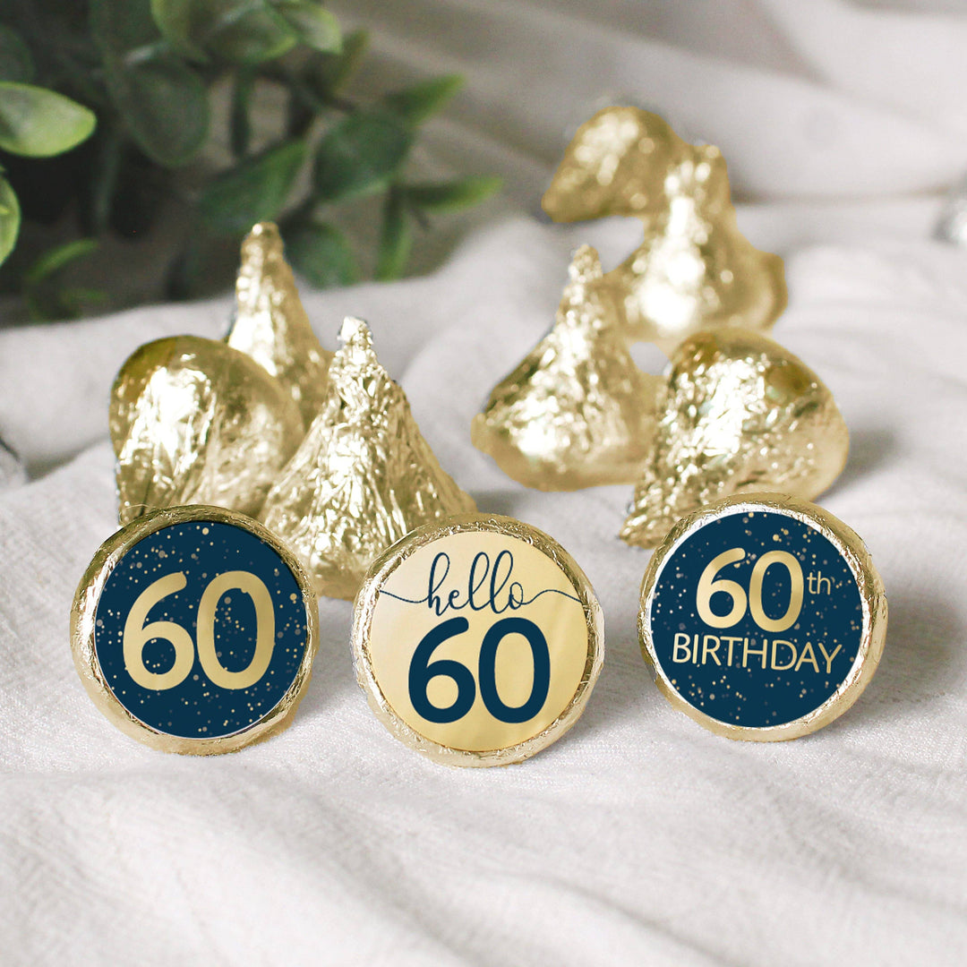 60th Birthday: Navy Blue & Gold - Adult Birthday -  Stickers - Fits Hershey's Kisses Candy - Distinctivs Party