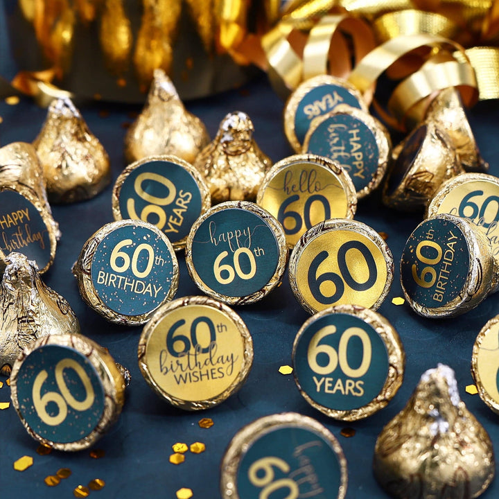 60th Birthday: Navy Blue & Gold - Adult Birthday -  Stickers - Fits Hershey's Kisses Candy - Distinctivs Party