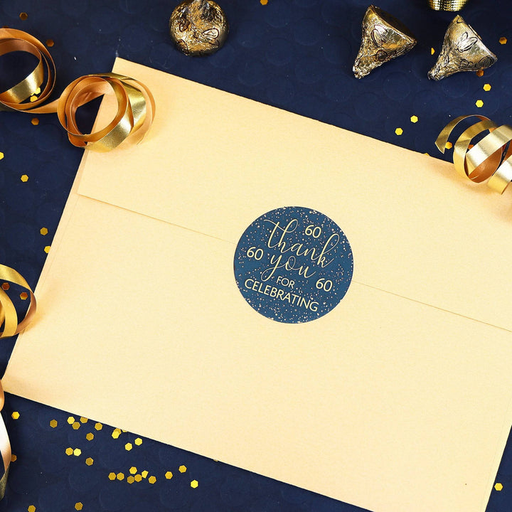60th Birthday: Navy Blue & Gold - Adult Birthday - Thank You Stickers - Distinctivs Party