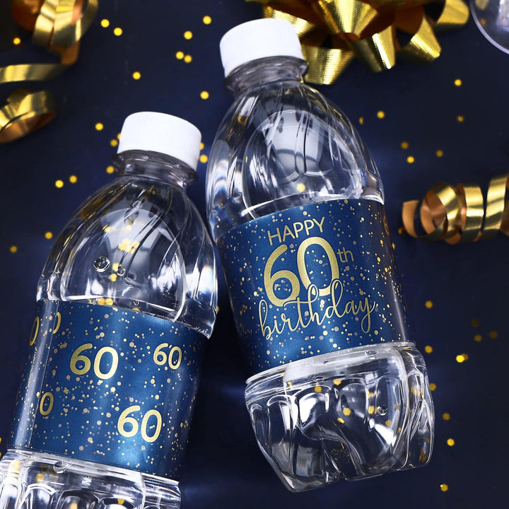 60th Birthday: Navy Blue & Gold - Adult Birthday -  Water Bottle Labels - Distinctivs Party