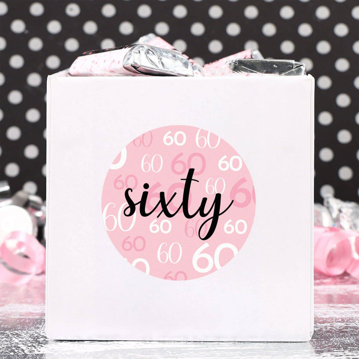 60th Birthday: Pink and Black - Adult Birthday - Round Favor Stickers - 40 Stickers - Distinctivs Party