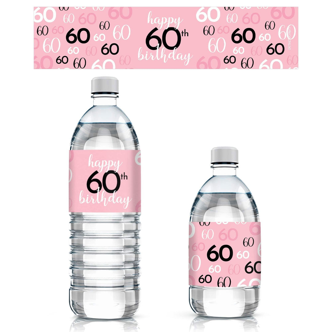 60th Birthday: Pink and Gold - Adult Birthday -  Water Bottle Label Stickers - 24 Waterproof Stickers - Distinctivs Party