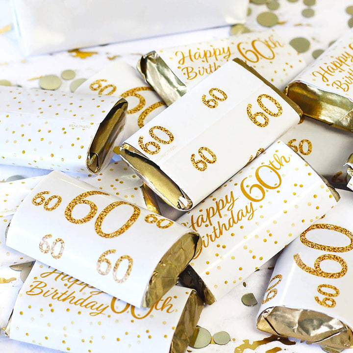 60th Birthday: White and Gold - Adult Birthday -  Hershey's Miniatures Candy Bar Wrappers Stickers - 45 Stickers - Distinctivs Party
