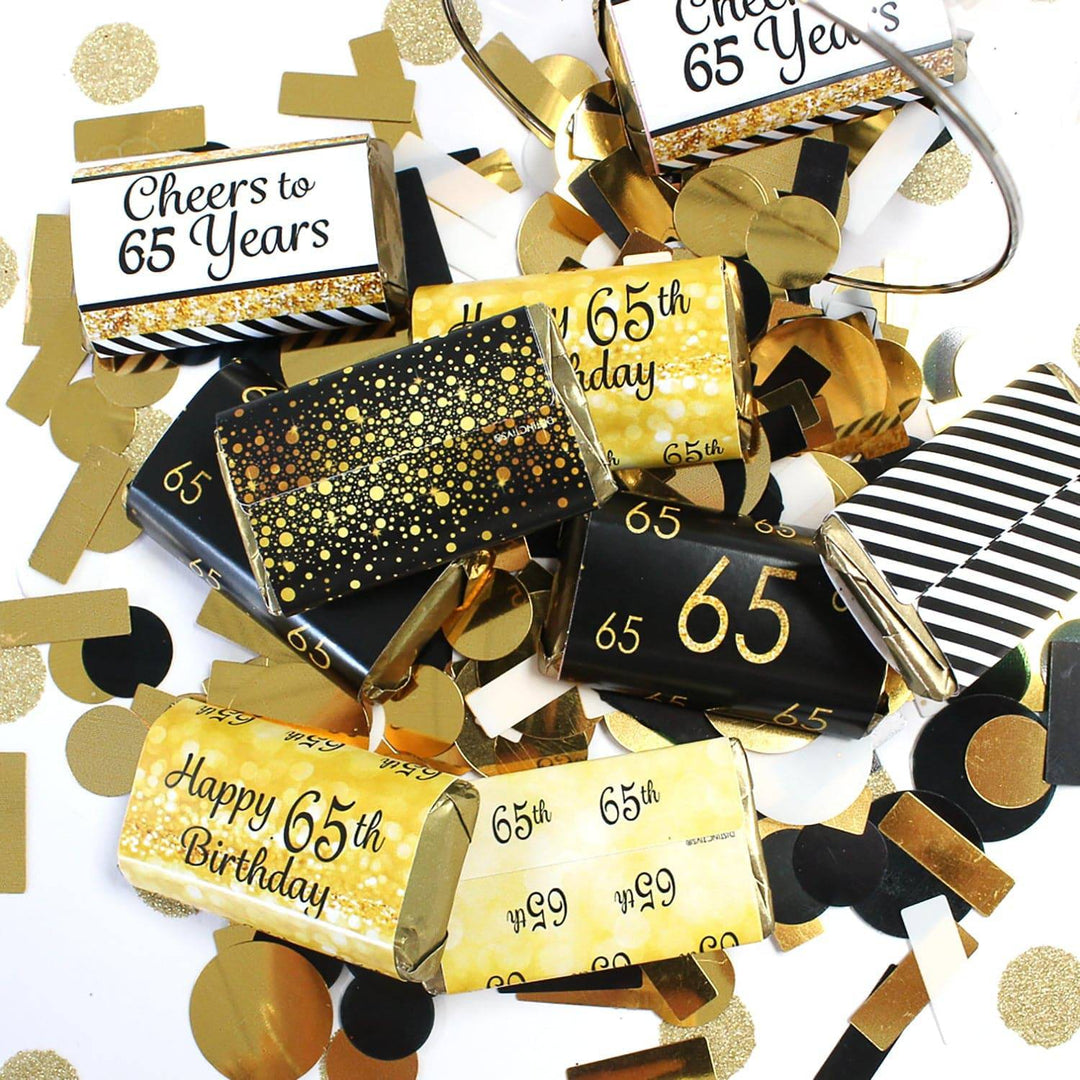 65th Birthday: Black & Gold - Hershey's Miniatures Candy Bar Wrappers Stickers - 45 Stickers - Distinctivs Party
